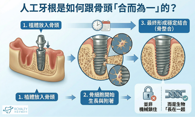 人工牙根是如何跟骨頭「合而為一」的?示意圖