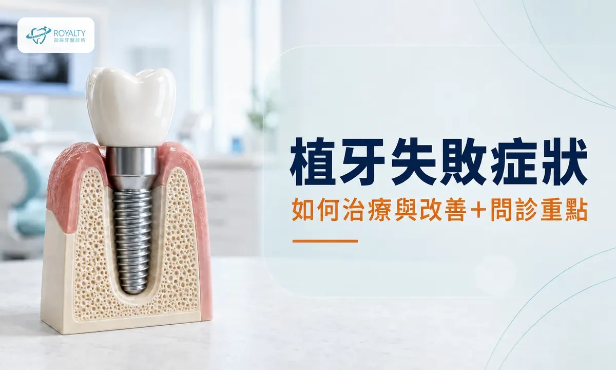 人工植體植入齒槽骨的剖面模型，說明植牙失敗症狀的治療與問診重點