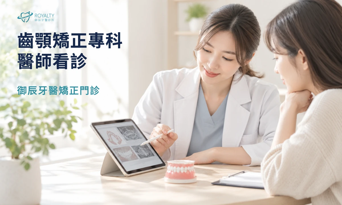 御辰牙醫矯正門診由齒顎矯正專科醫師看診,醫師在診間用平板向患者說明牙齒影像