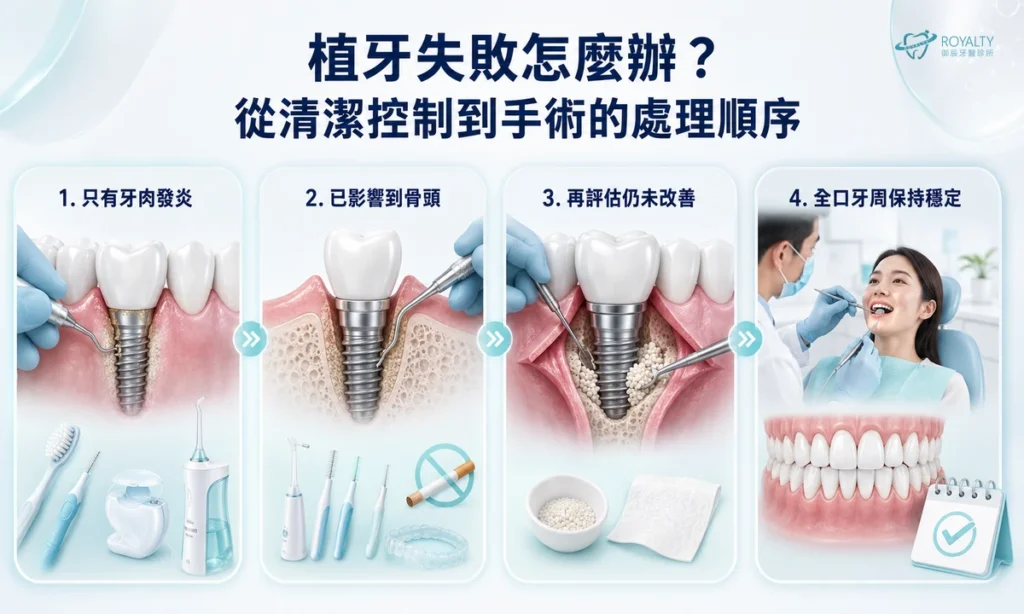 植牙失敗的四階段處理順序圖解：只有牙肉發炎、已影響到骨頭、再評估仍未改善、全口牙周保持穩定