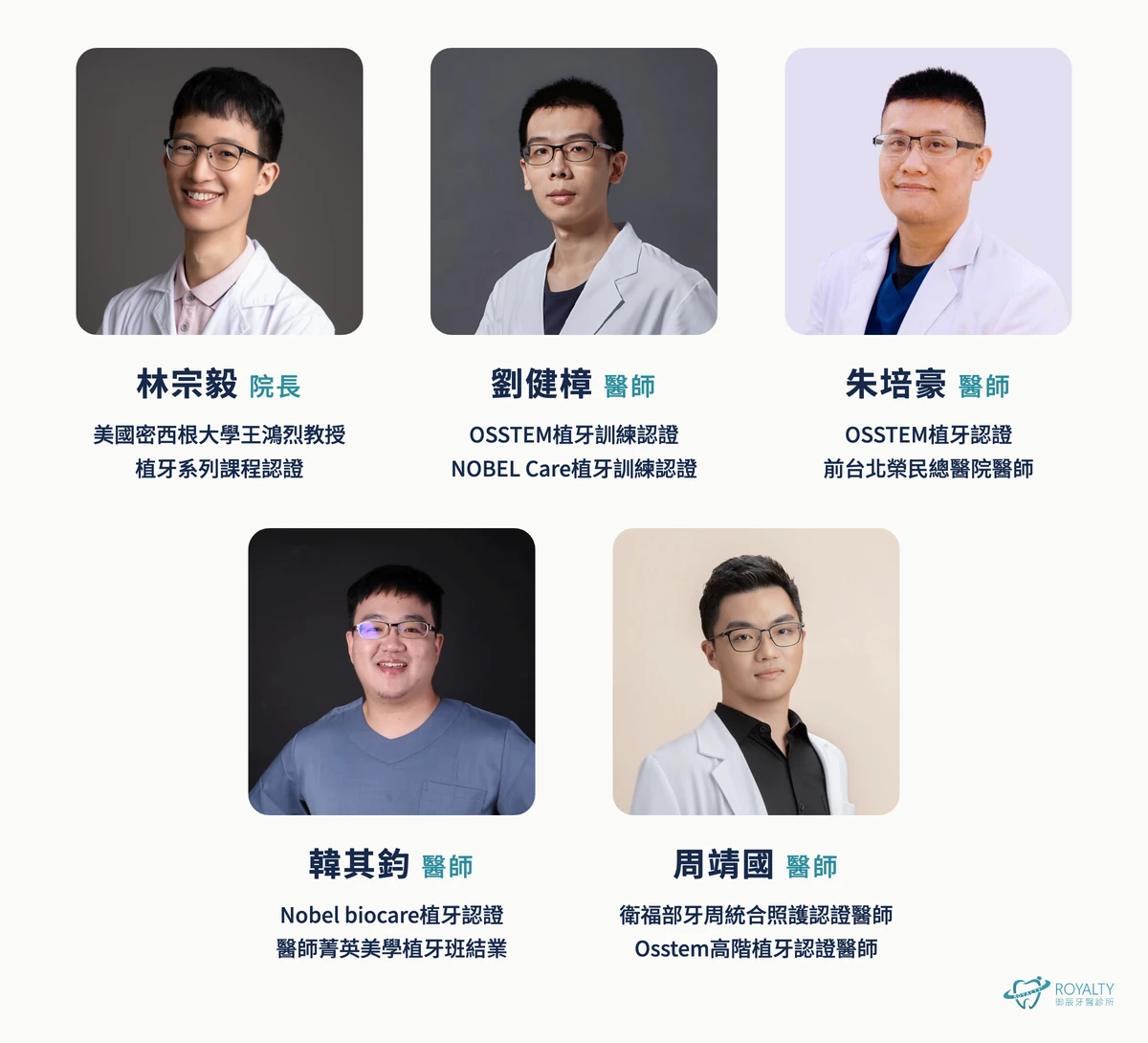 御辰牙醫植牙醫師團隊:林宗毅院長、劉健樟醫師、朱培豪醫師、韓其鈞醫師、周靖國醫師與植牙相關資歷